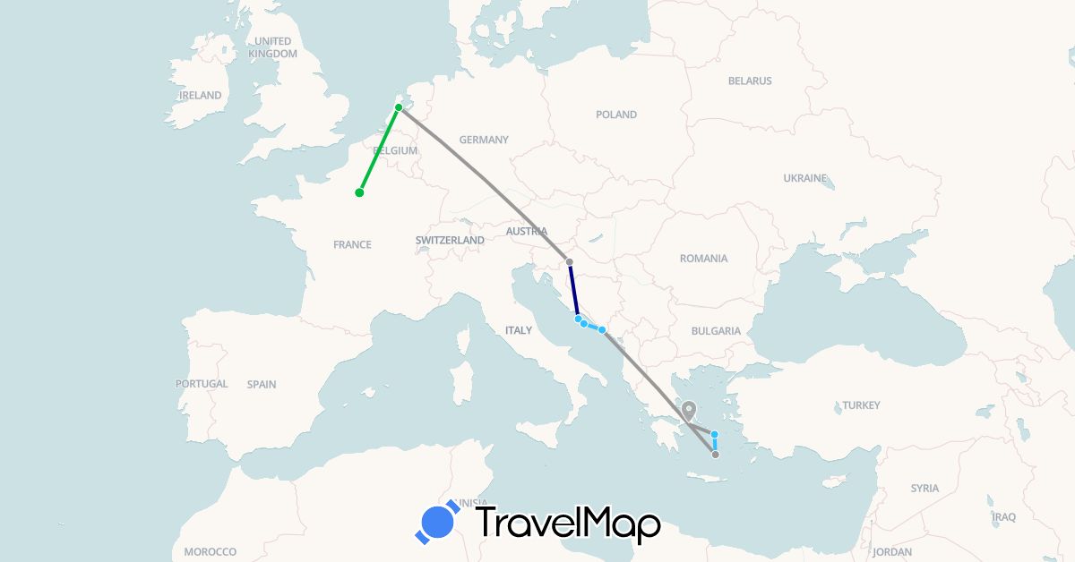 TravelMap itinerary: driving, bus, plane, boat in France, Greece, Croatia, Netherlands (Europe)